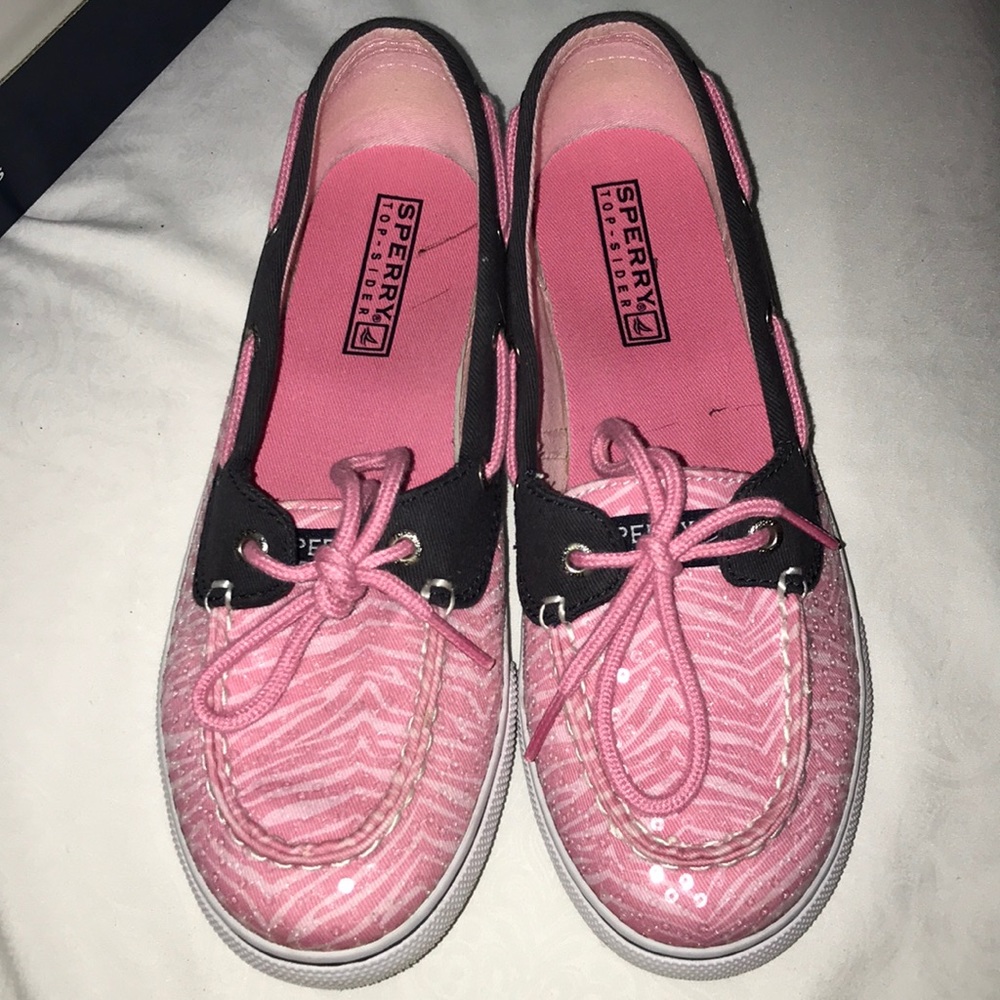 Pink Zebra w/ clear sequin & Navy Trim Sperry.